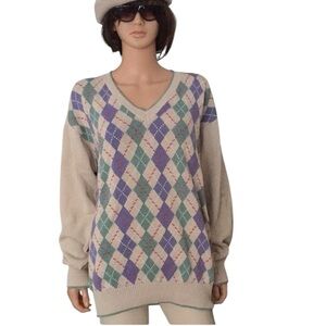 Vintage Whitfield & Bridges 100% Cotton Hand loomed Argyle Sweater Size L